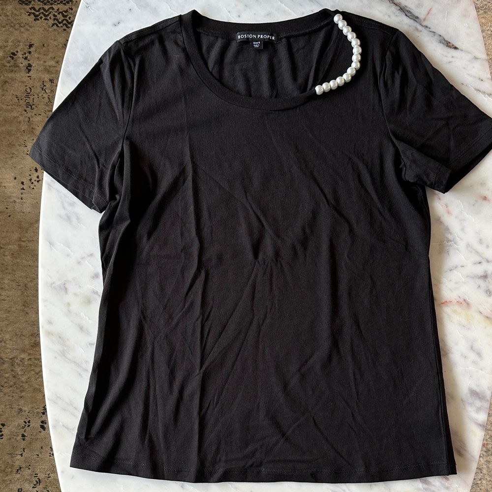 Boston Proper Black Tee with Pearl Detail